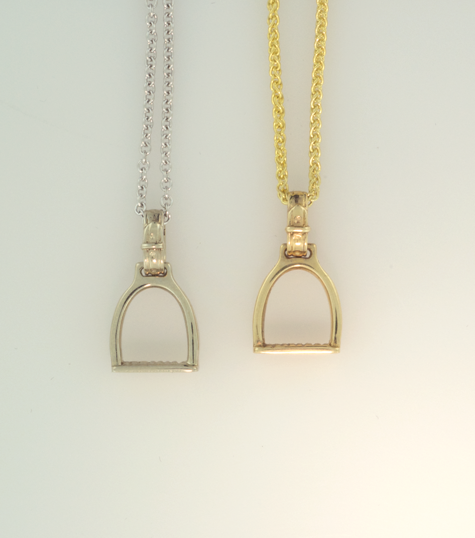 14KT white and yellow medium size equestrioan stirrup pendants on 14KT chains
