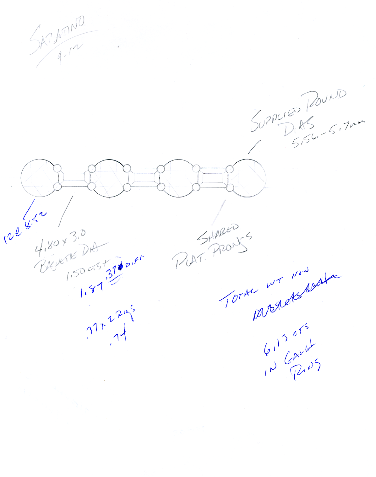 Sketch for Baguette and round diamond layout for eternity band