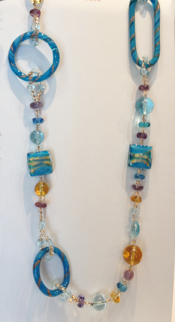 Murrano glass necklace multi color links aqua, gold colors