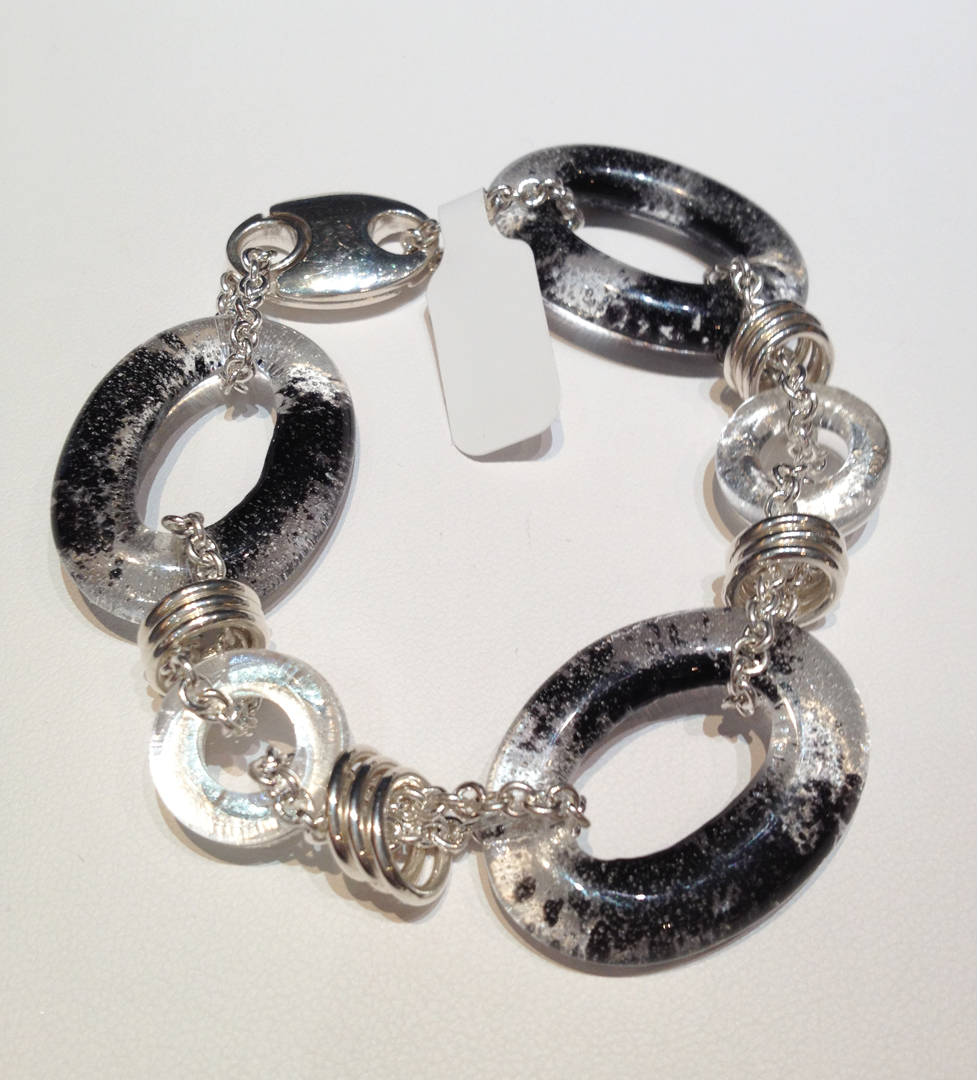 Black, clear and white glass links with sterling silver chain,jumrings and catch