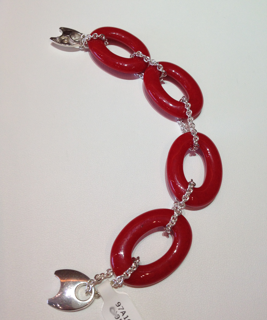 Opaque red glass links with sterling silver chain and catch