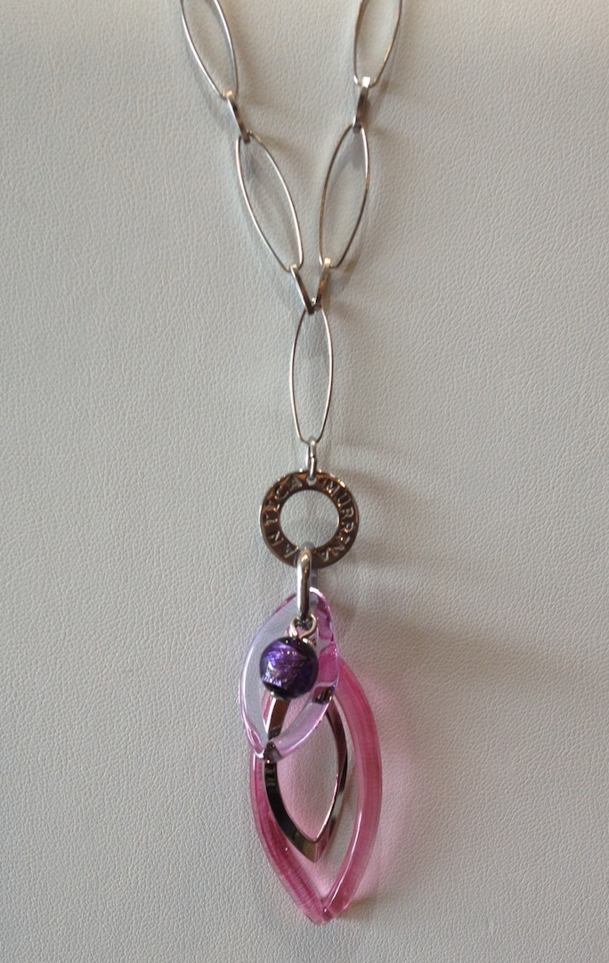 Antica Murrina  pink and violet glass beads on stainless chain.