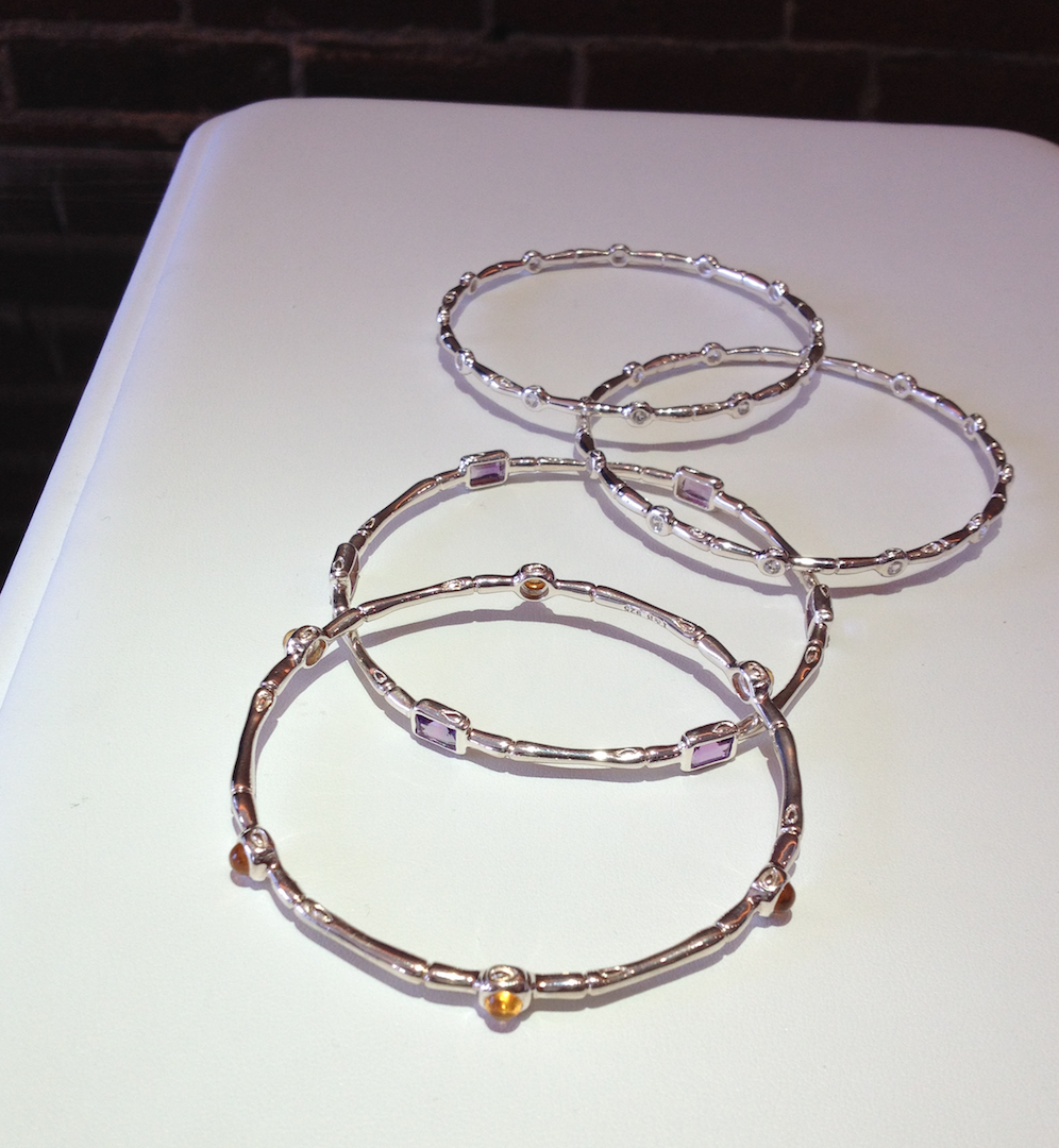 Sterling silver bamboo bracelets with accent gemstones, amethyst, citrine, topaz
