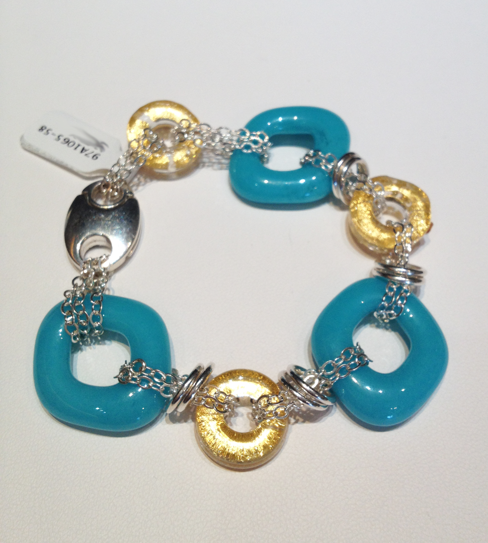 Opaque aqua glass and encased gold glass links with sterling silver chain