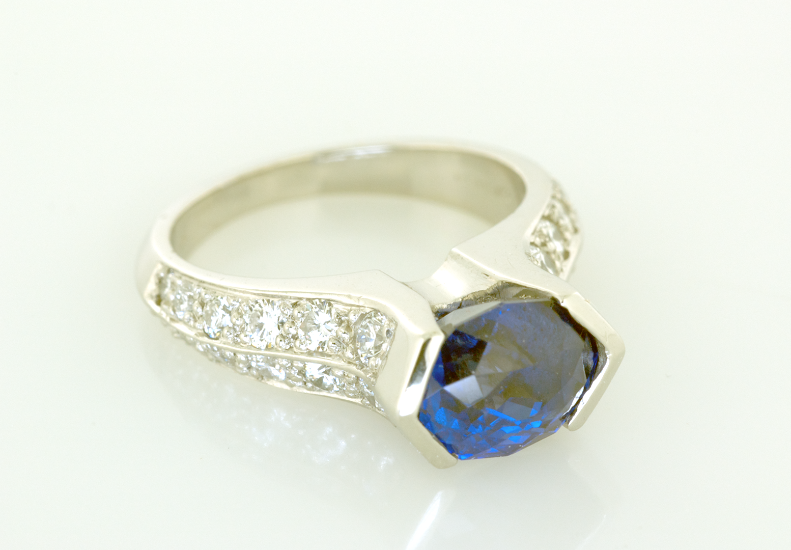Sapphire, diamond and platinum engagement ring