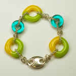 Sterling Silver & glass bracelet by Nora, Green, Gold, Aqua