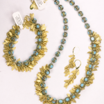 Blue Czech glass beads with 18KT yellow gold vermiel on sterling silver, Necklace, bracelet and earrings