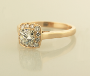 Rose gold surround diamond solitaire side view
