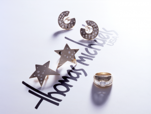 Diamond and gold collection, star and hoop earrings, dome ring