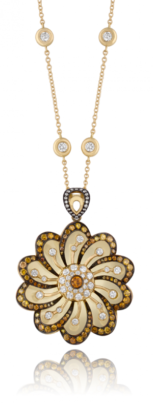 Pendant set with cognac and white diamonds, flower power motif.
