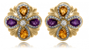 Pear Shape Amethyst and citrine, surrounded by diamonds set in 18KT yellow gold