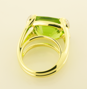 28ct. cushion cut peridot ring with diamond pavé accents back view