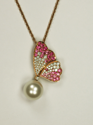 Pink sapphire and diamond pendant in rose gold with a 9.5mm white south sea  round pearl
