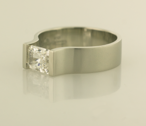 14KT white gold ring with 1.01ct. radiant cut diamond side view