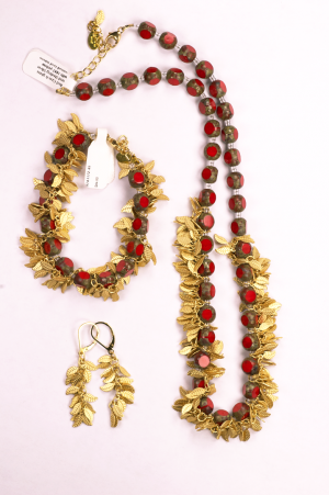 Red Chech glass beads and 18KT yellow gold vermeil on sterling silver necklace, bracelet and earrings 